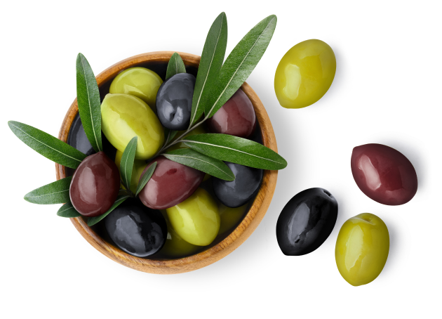 Bowl of assorted olives with leaves.