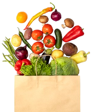 A bag of vegetables with tomatoes, peppers and other fruits.